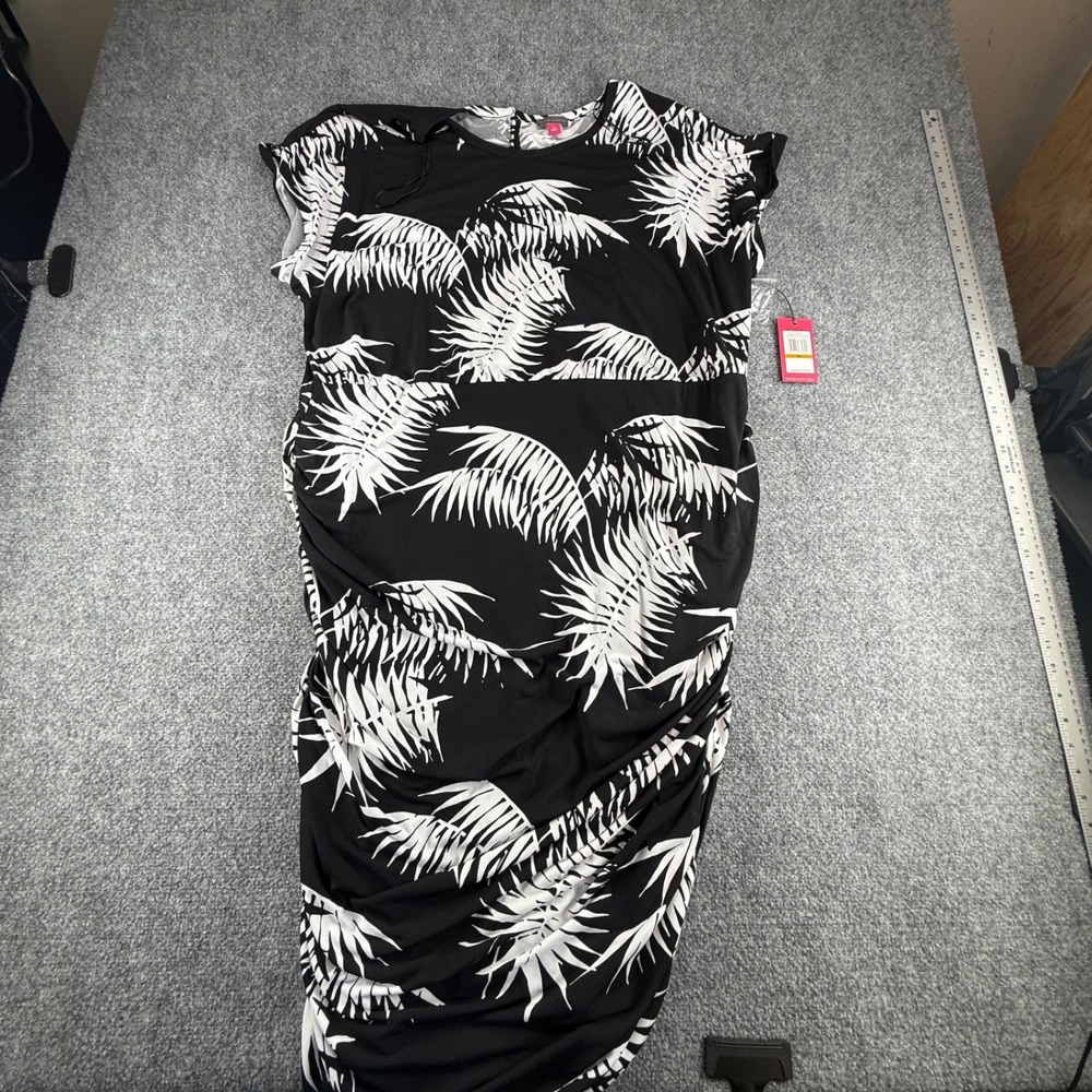 Vince Camuto Summer Splash Black White Palm Leaf Ruched Midi Dress 3X 9236797